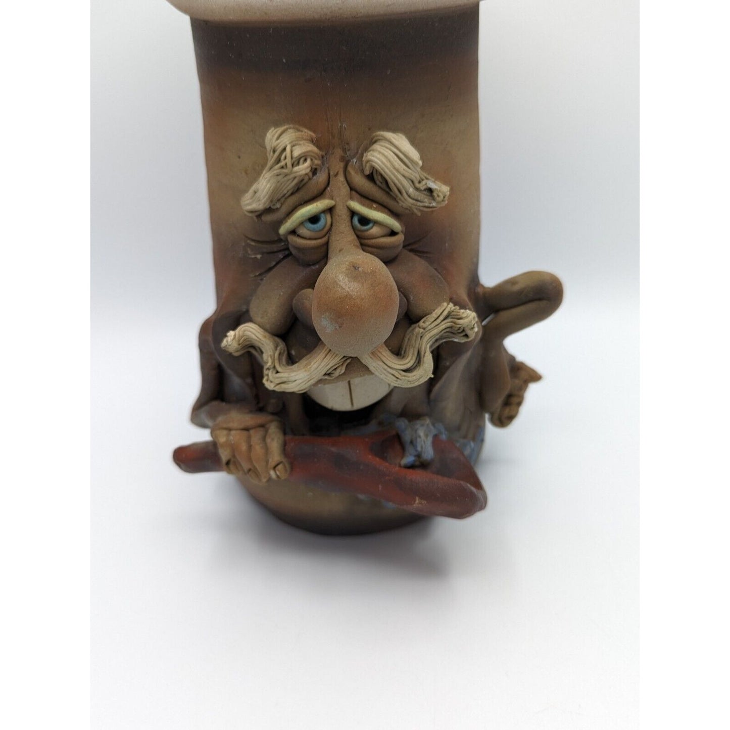 Whimsical Ugly Happy Face Utensil Holder Jar Vase Male w/ Moustache Studio Pottery