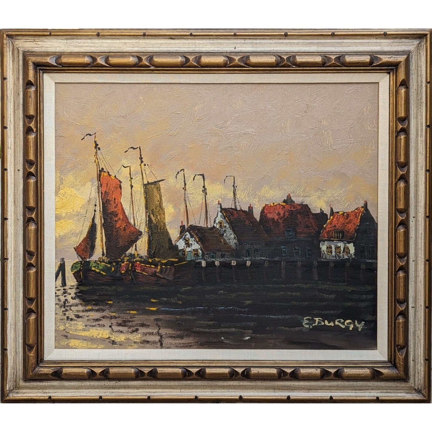 Emanuel Burgy Sail Boats Pier Harbor Port Seaside Impressionist Oil Painting