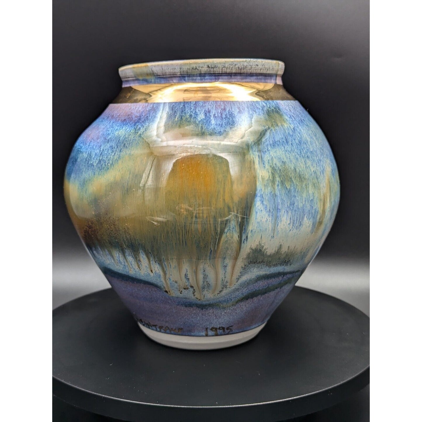 1995 Ed Weintraub Purple Blue Gold Drip Glaze Vase Pot Studio Pottery