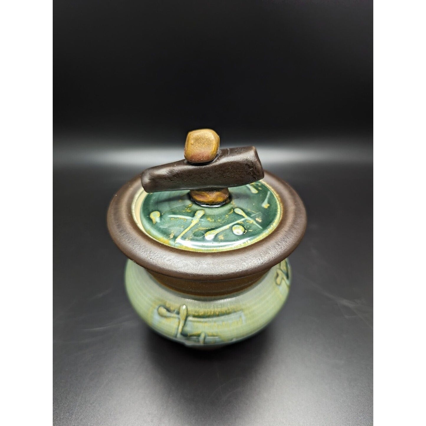 2003 Derek Voien Contemporary Asian Style Lidded Jar Studio Pottery Green Brown