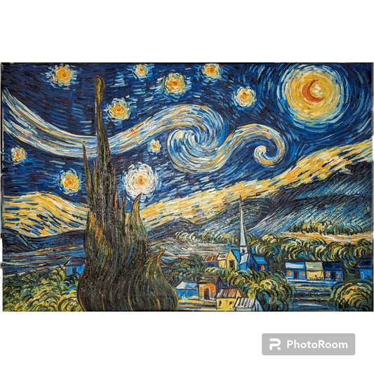 STARRY NIGHT After VAN GOGH By W. Adam 36" x 24" HEAVY IMPASTO OIL ON CANVAS