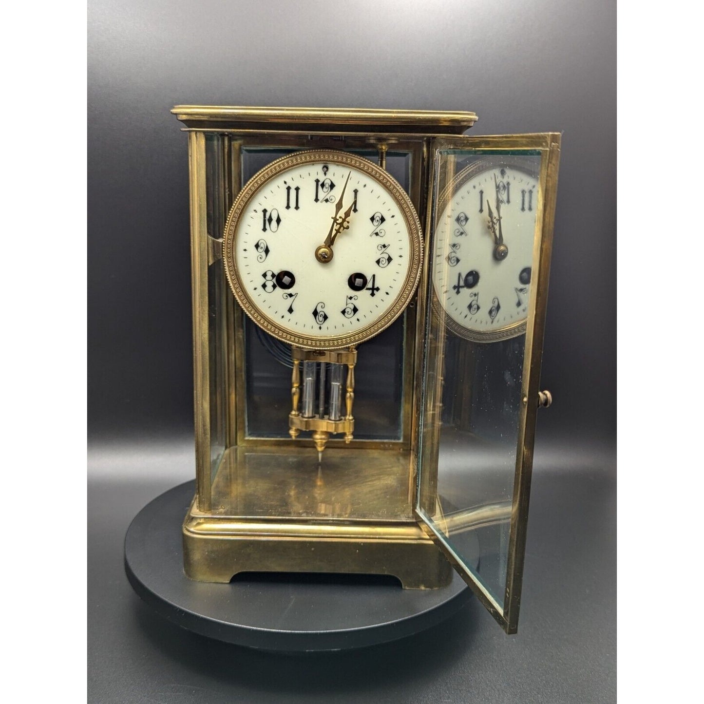 1800s AD Mougin Deux Medaille French Brass Regulator Mantel Clock Uranium Glass