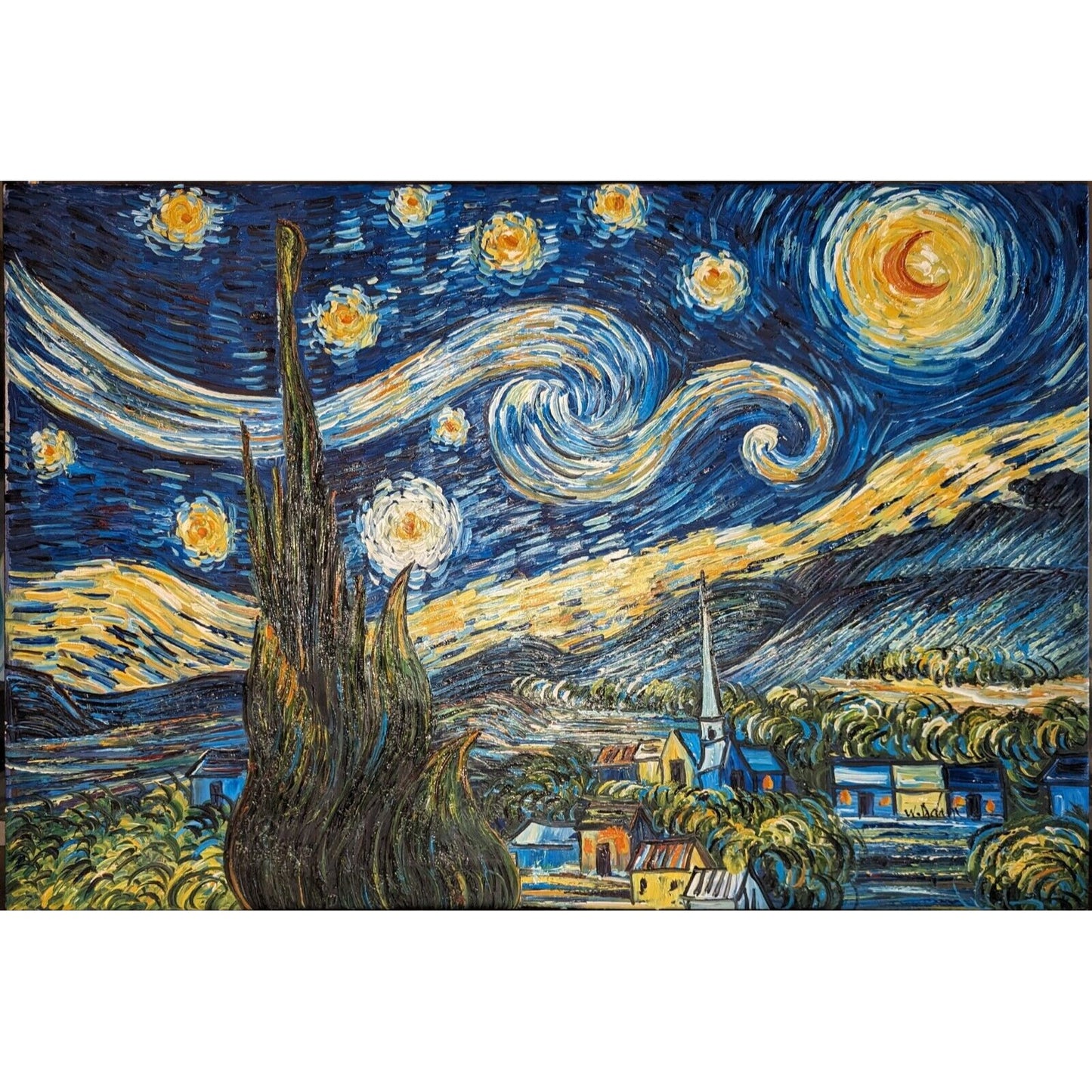 STARRY NIGHT After VAN GOGH By W. Adam 36" x 24" HEAVY IMPASTO OIL ON CANVAS