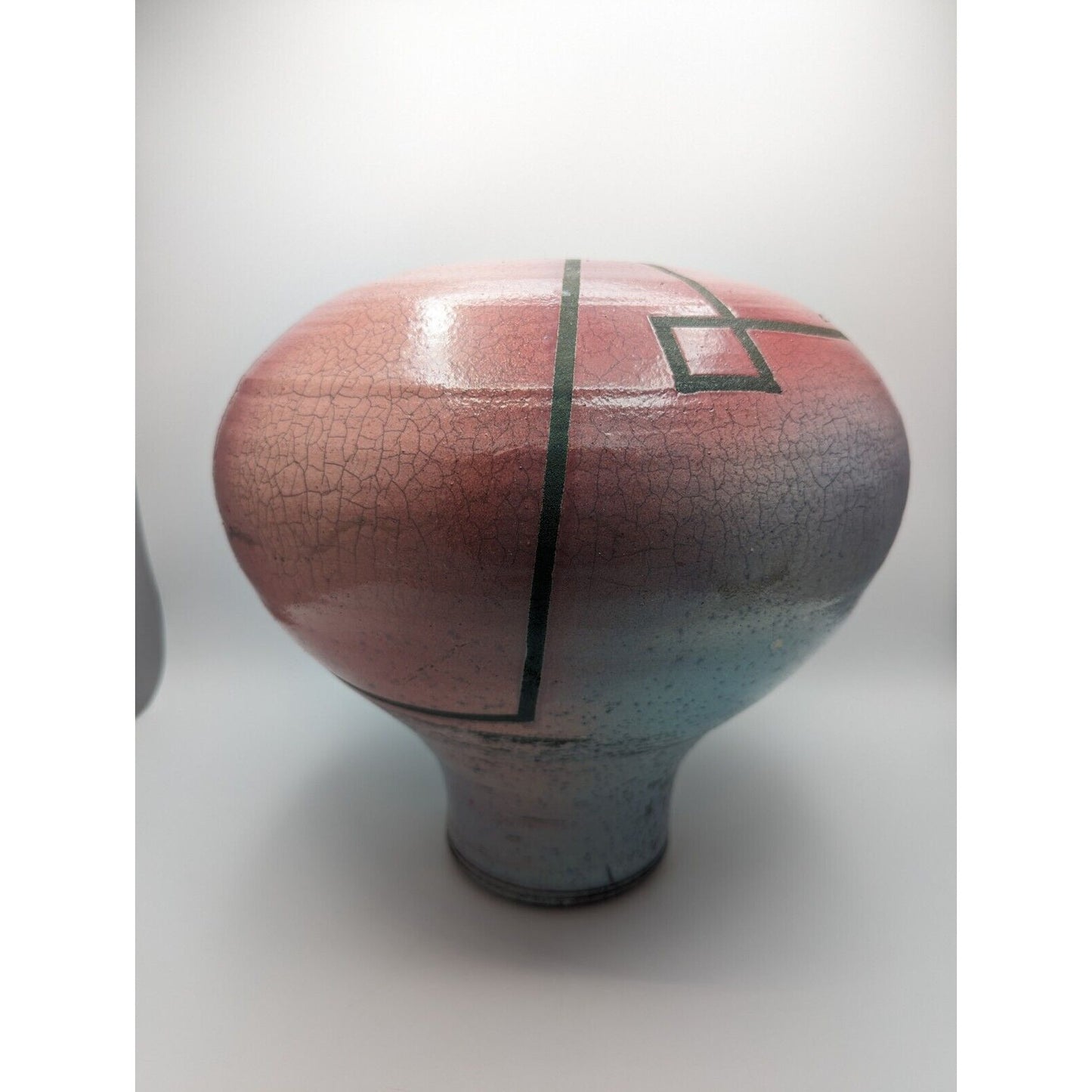 Christopher Heede Raku Vase Pot 12" Pink Red Blue Studio Art Pottery Signed