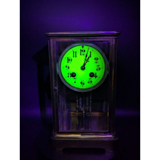 1800s AD Mougin Deux Medaille French Brass Regulator Mantel Clock Uranium Glass