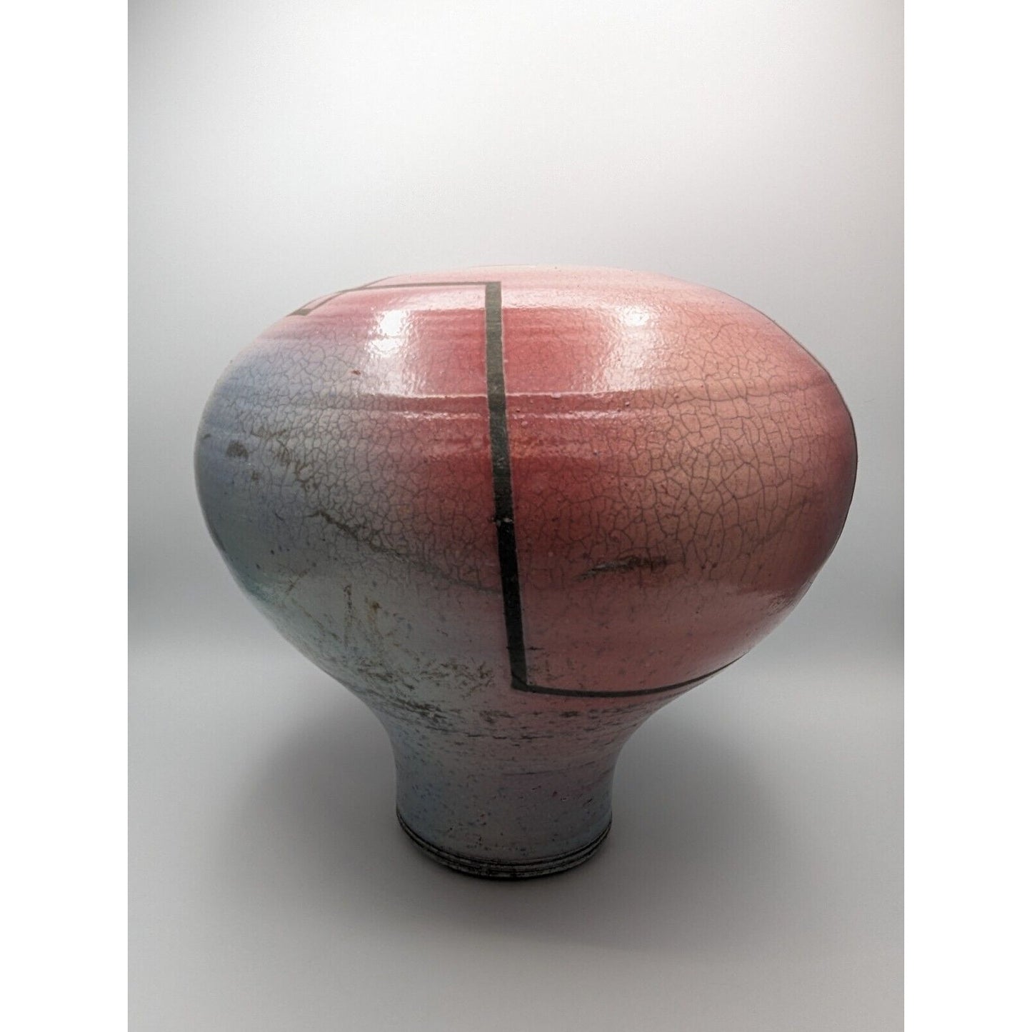 Christopher Heede Raku Vase Pot 12" Pink Red Blue Studio Art Pottery Signed