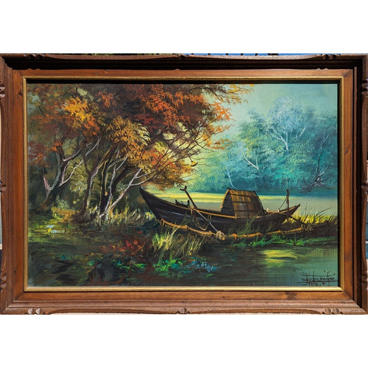 Framed Filipino Art Oil Painting Asian River Boat Jungle Forest Signed Bonito