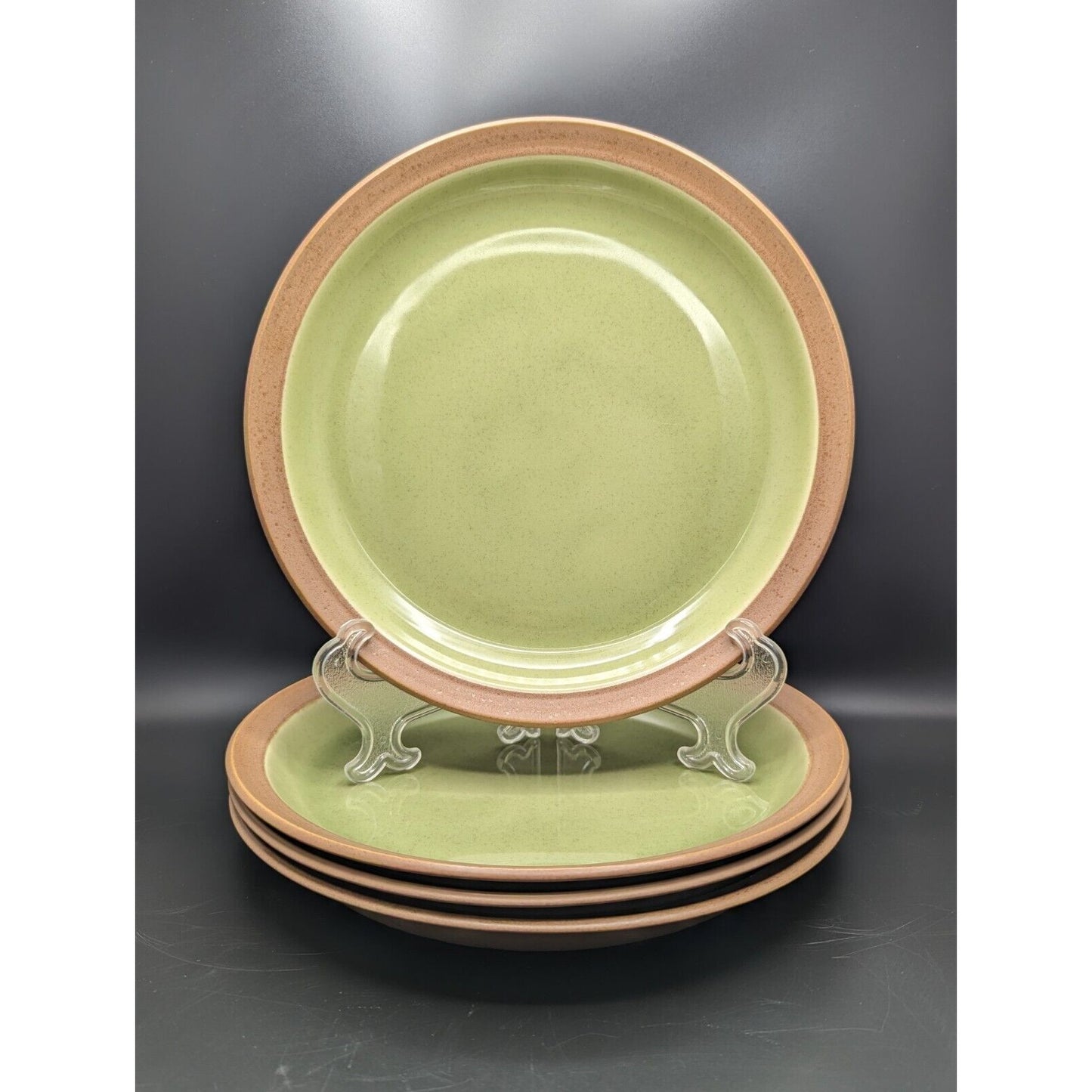 4 Dansk BLT Pottery Plates Green w/ Brown Speckled Rims 10-3/8"