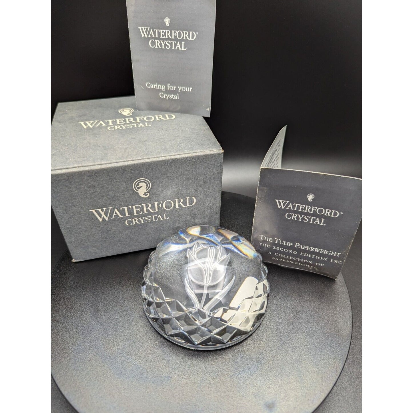 Waterford 2nd Edition Tulip Paperweight Crystal Glass Original Box & Papers