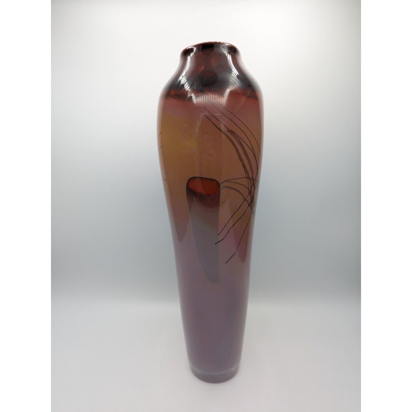 15-5/8" Steven Main Studios Art Glass Vase 1998 Signed Red Lavender Purple