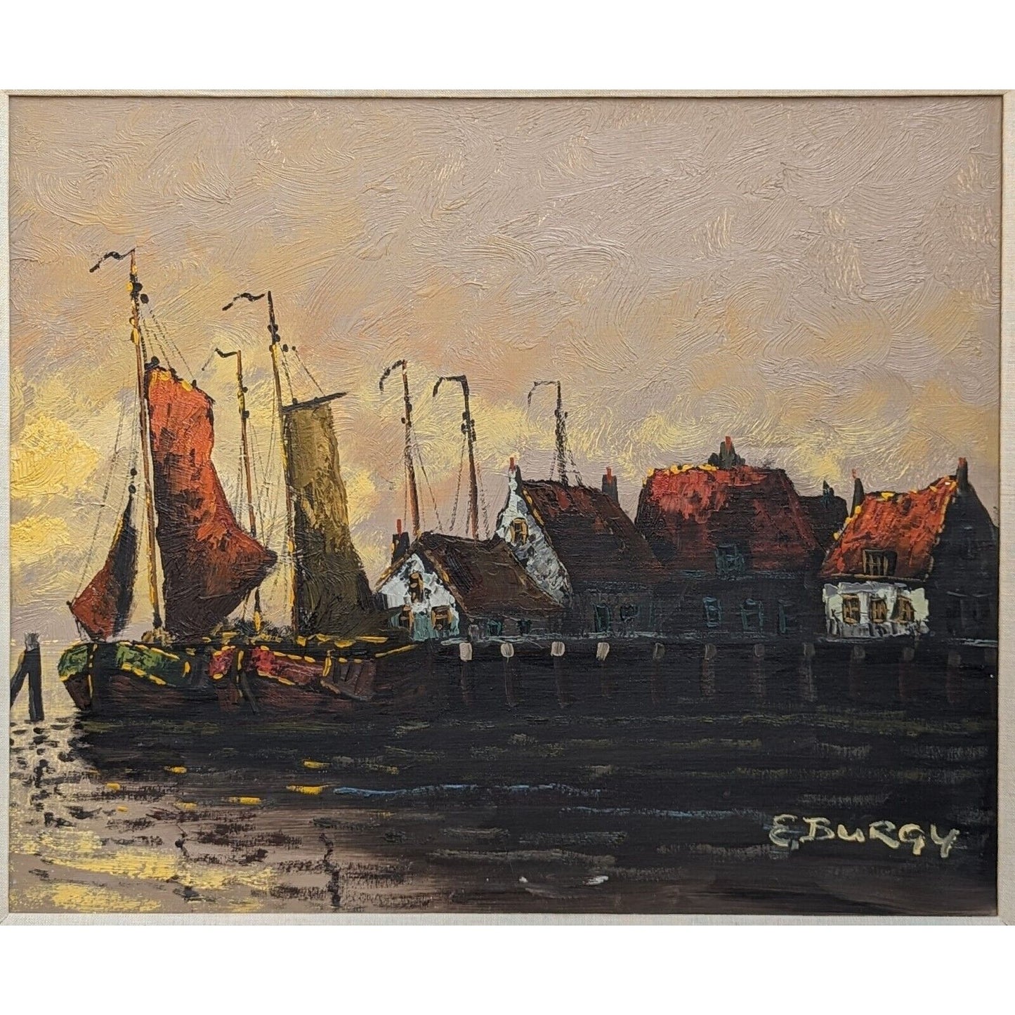 Emanuel Burgy Sail Boats Pier Harbor Port Seaside Impressionist Oil Painting