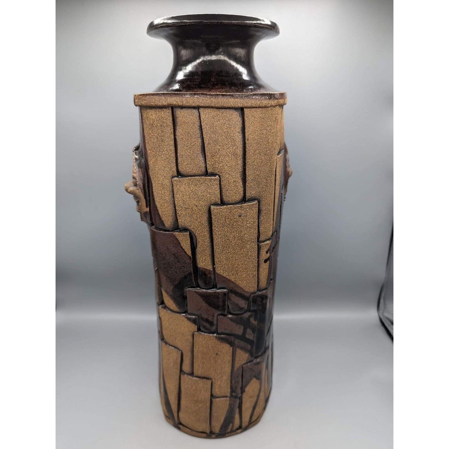 18.25" Studio Face Pottery Floor Vase Tenmoku Puzzle Brick Wall Signed JOP