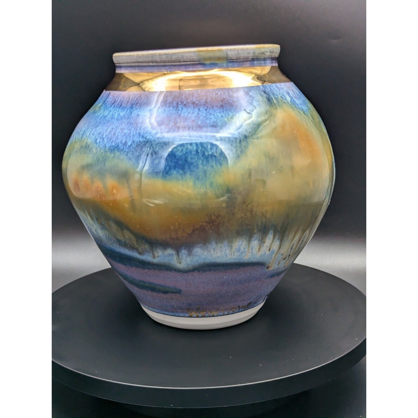 1995 Ed Weintraub Purple Blue Gold Drip Glaze Vase Pot Studio Pottery