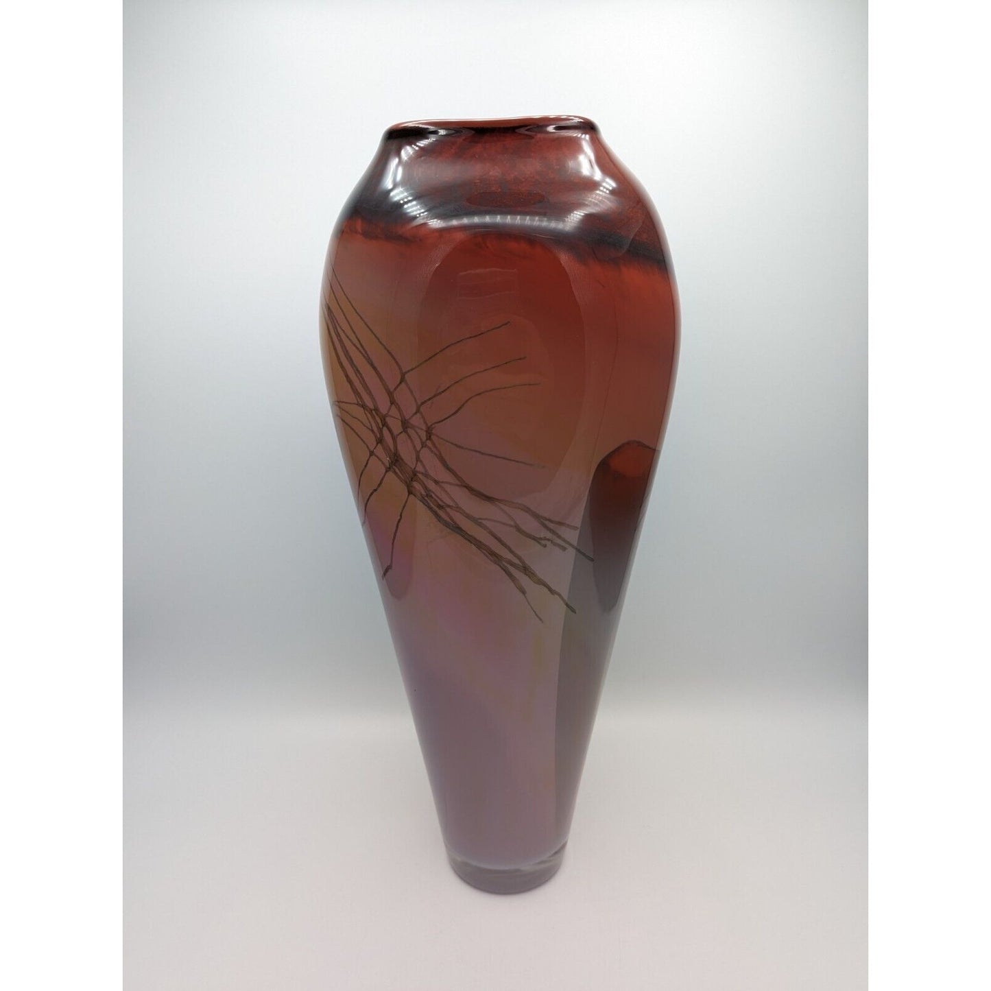 15-5/8" Steven Main Studios Art Glass Vase 1998 Signed Red Lavender Purple