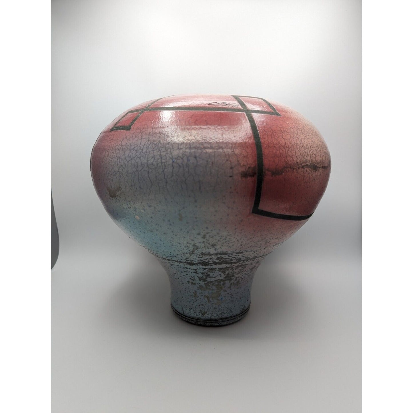 Christopher Heede Raku Vase Pot 12" Pink Red Blue Studio Art Pottery Signed