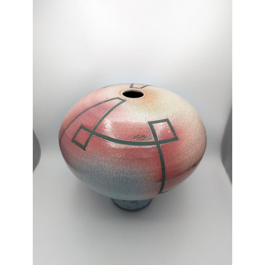 Christopher Heede Raku Vase Pot 12" Pink Red Blue Studio Art Pottery Signed