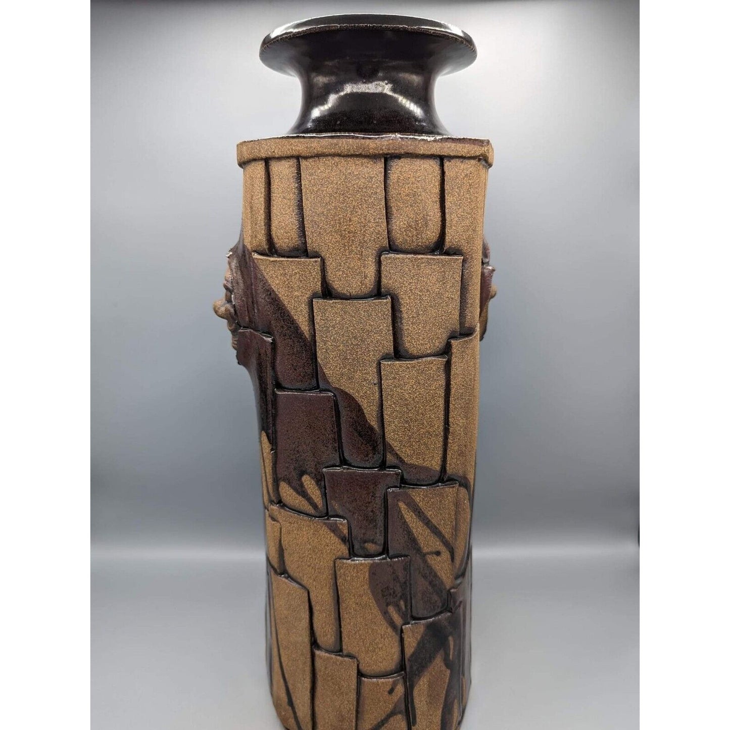 18.25" Studio Face Pottery Floor Vase Tenmoku Puzzle Brick Wall Signed JOP