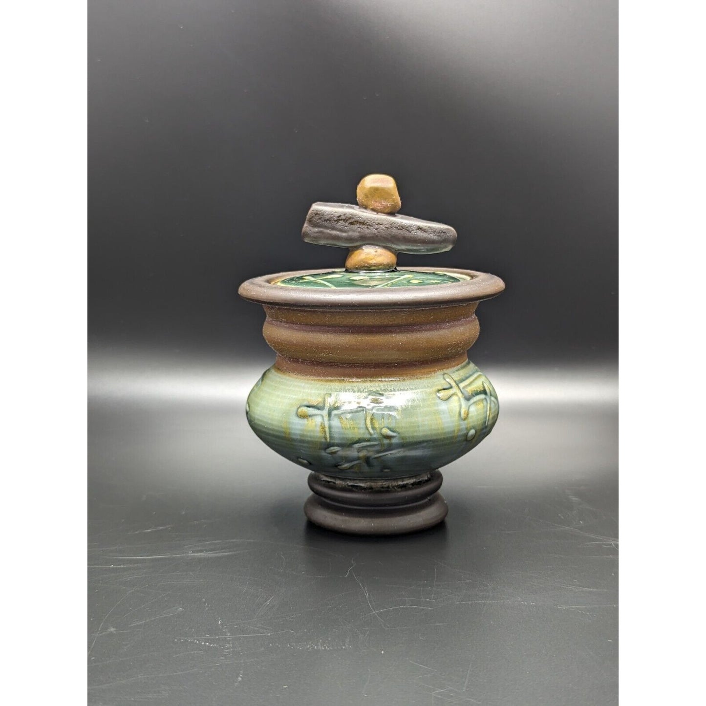 2003 Derek Voien Contemporary Asian Style Lidded Jar Studio Pottery Green Brown