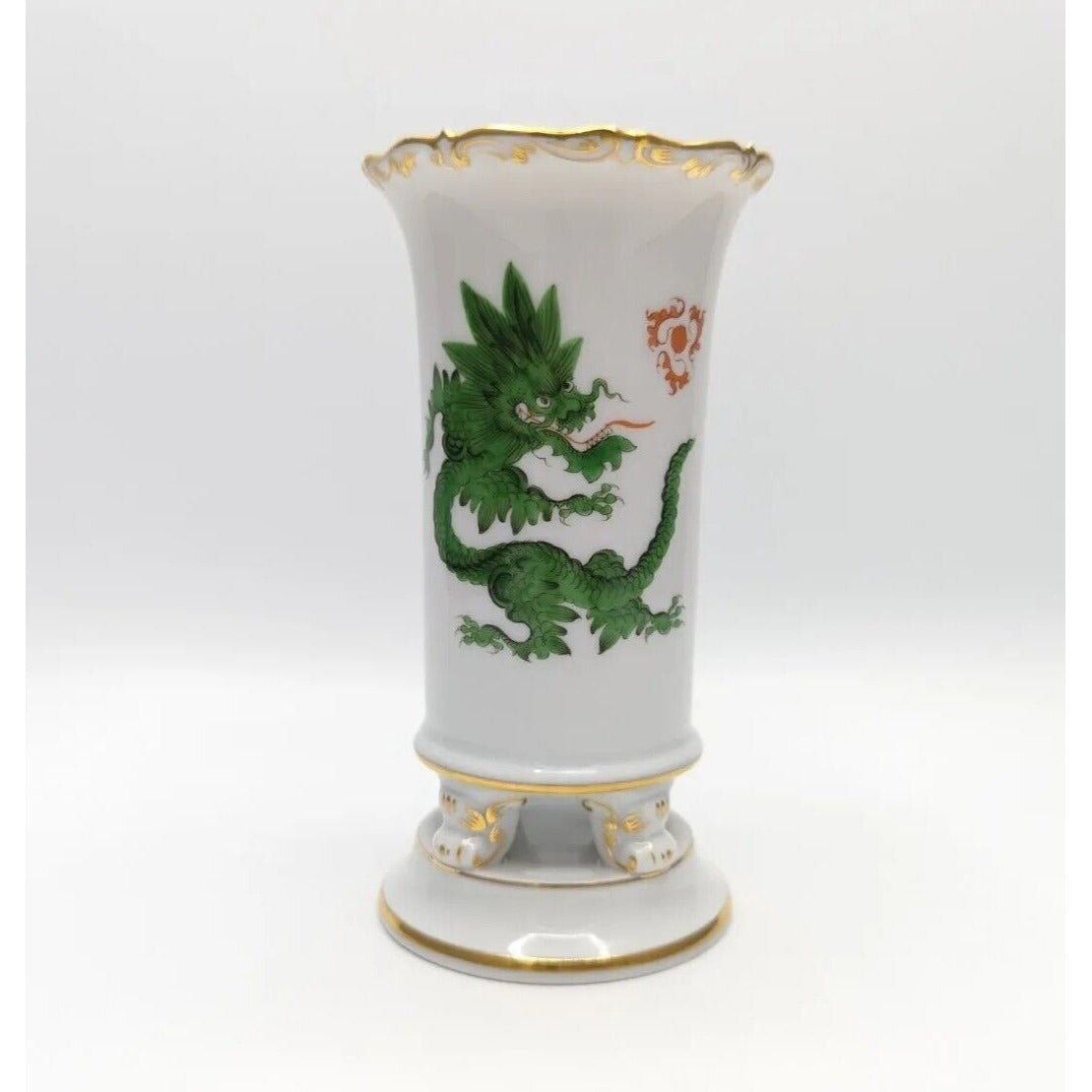 Meissen Vase Green Dragon Fireballs Gold Trim 3 Feet Porcelain 5-3/8"