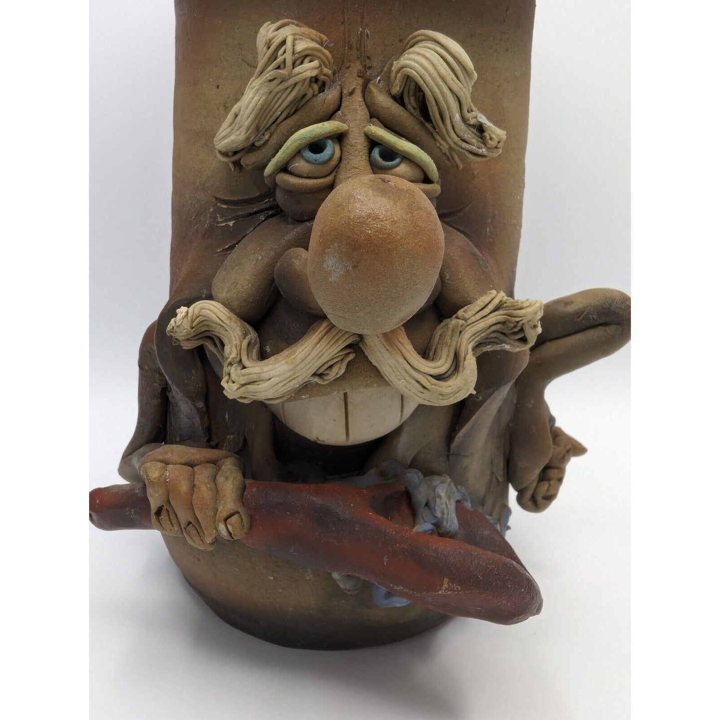 Whimsical Ugly Happy Face Utensil Holder Jar Vase Male w/ Moustache Studio Pottery