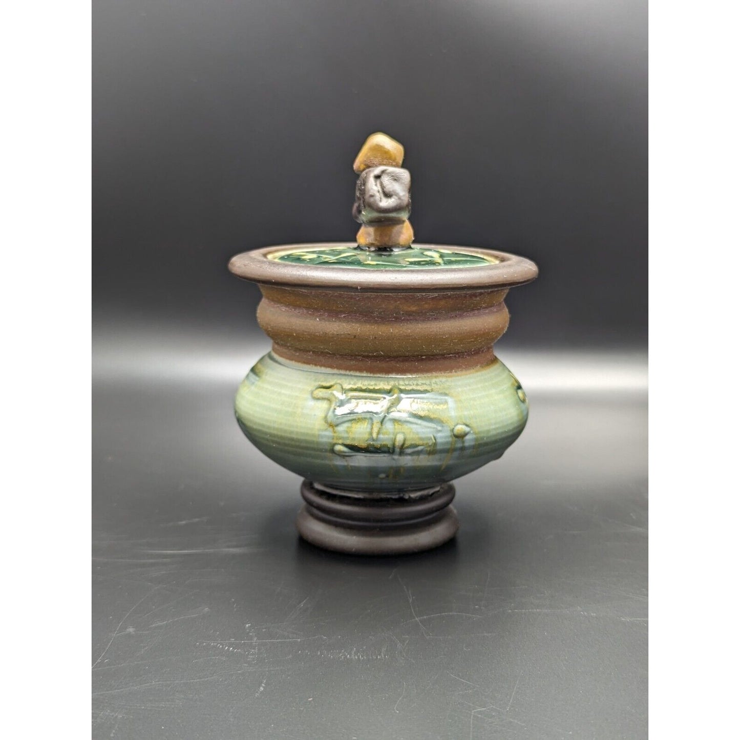 2003 Derek Voien Contemporary Asian Style Lidded Jar Studio Pottery Green Brown