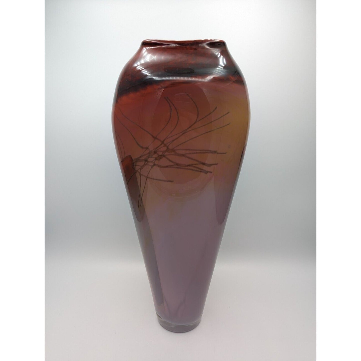 15-5/8" Steven Main Studios Art Glass Vase 1998 Signed Red Lavender Purple