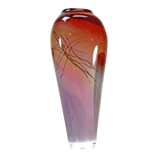 15-5/8" Steven Main Studios Art Glass Vase 1998 Signed Red Lavender Purple