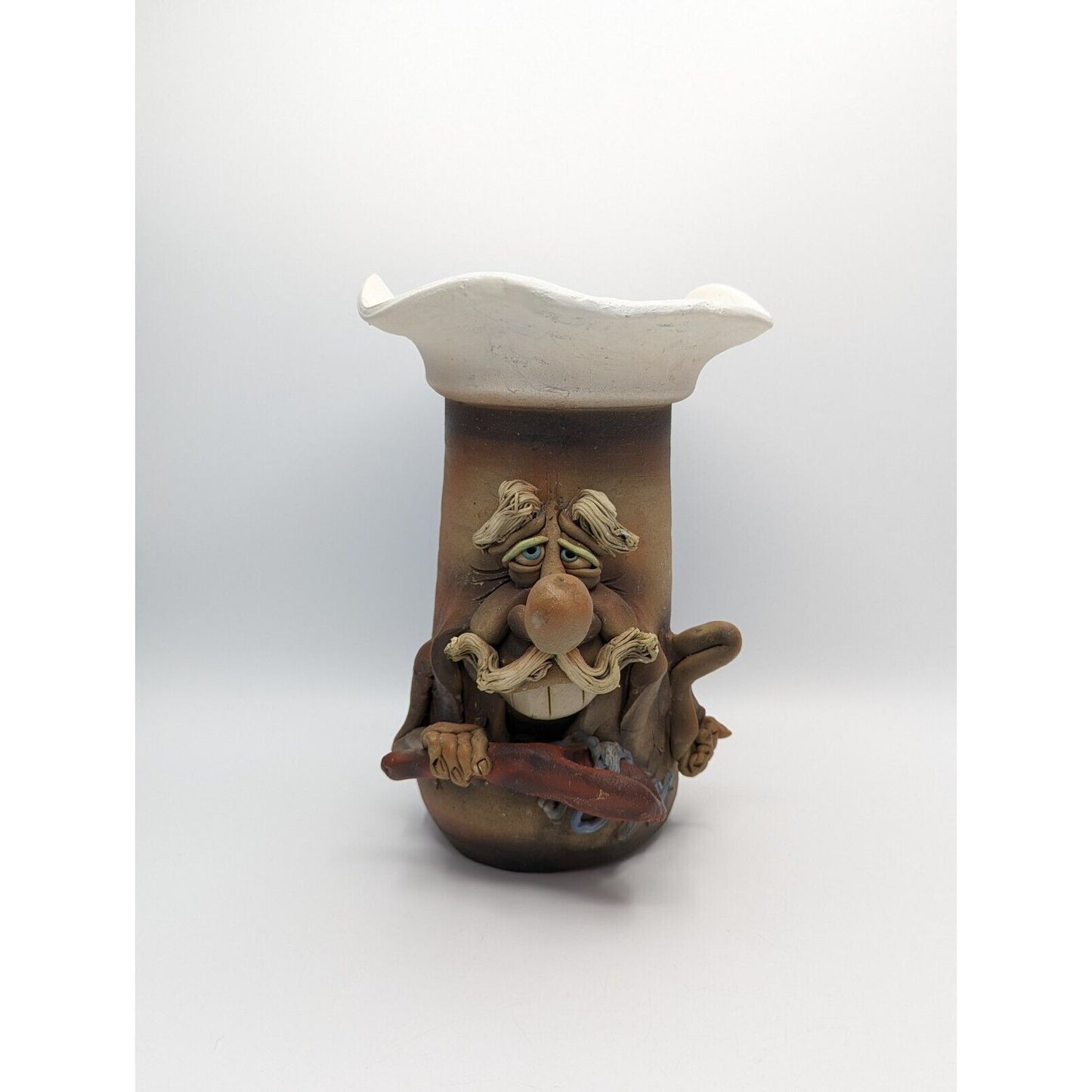 Whimsical Ugly Happy Face Utensil Holder Jar Vase Male w/ Moustache Studio Pottery